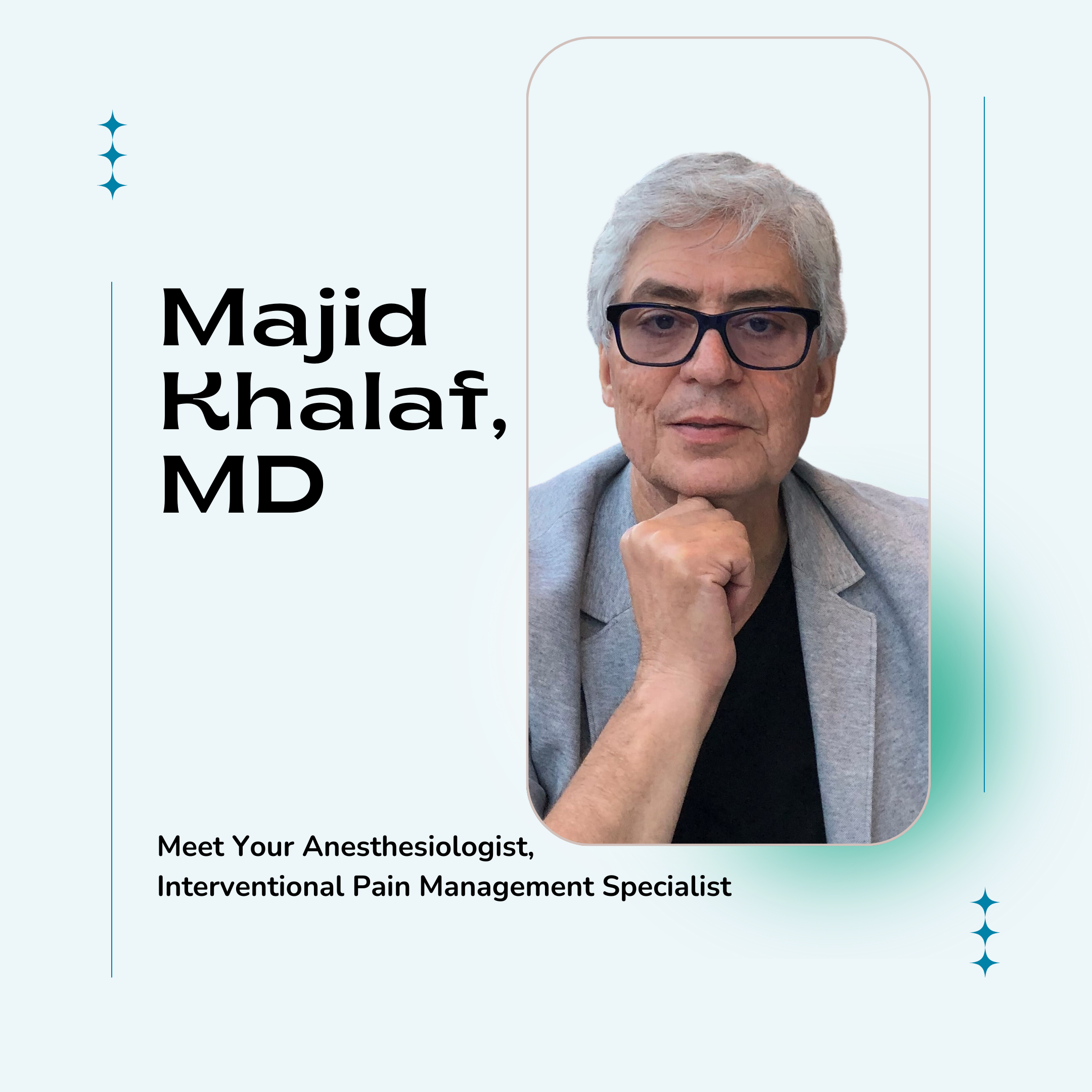 I’m Majid Khalaf, MD, an experienced Anesthesiologist and Interventional Pain Management Specialist with a passion for helping individuals achieve optimal health and well-being. With expertise in various areas, including Botox and Fillers, IV vitamin infusion therapy, Ketamine infusion for pain and depression management, spine and joint injections, as well as PRP injections, I am committed to providing comprehensive care tailored to your unique needs.